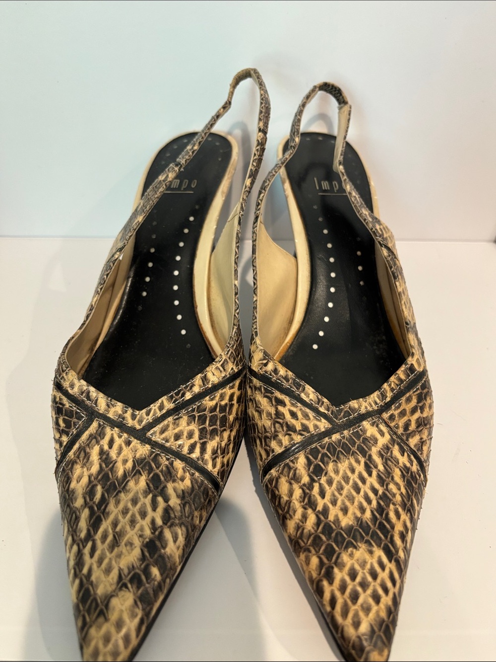 Vintage IMPO Genuine Snakeskin Slingback Pumps Pointed Toe Size 11-12 Narrow